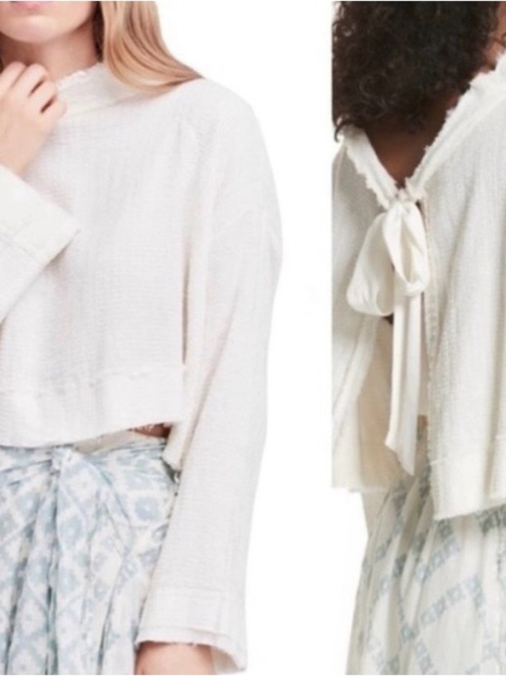 Free People Cream Cropped Tie-Back Pullover